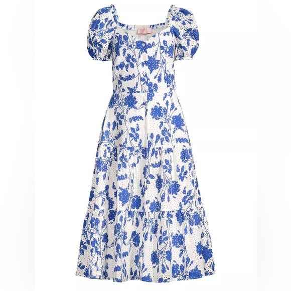 🪻Rachel Parcell Stencil Floral Eyelet Midi Dress Periwinkle Blue L - Picture 2 of 6